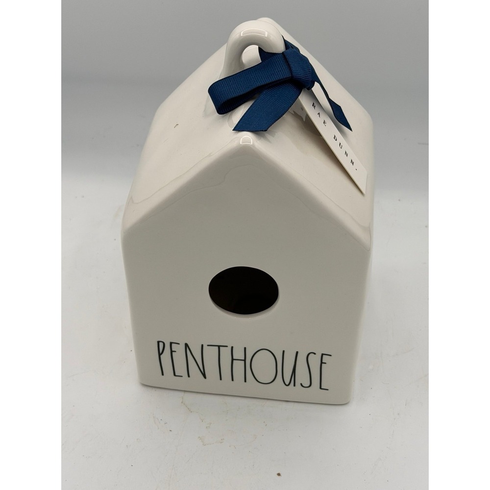 Rae Dunn PENTHOUSE Ceramic Birdhouse White Magenta Dark Navy Ribbon Tag